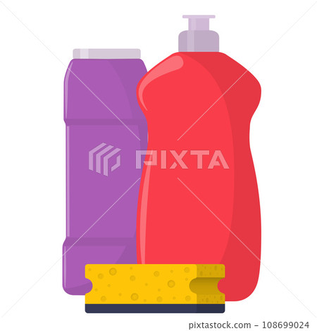 The bottles of detergent, washing powder, detergent powder, liquid soap, dish washing liquid, cleaning sponge. Cleaning services concept. Vector illustration, flat style, isolated. The bottles of detergent, washing powder, detergent powder, liquid soap, dish washing liquid, cleaning sponge. Cleaning services concept. Vector illustration, flat style, isolated. 108699024