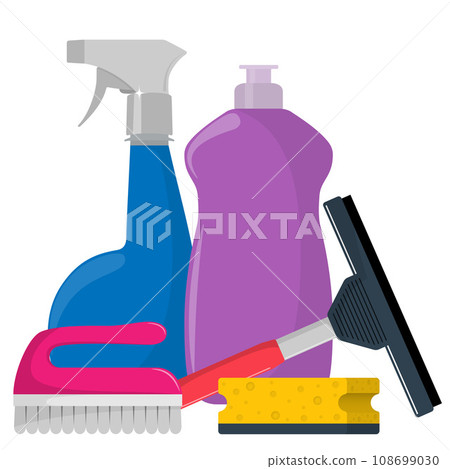 The bottles of detergent, washing powder, detergent powder, bottle of spray, cleaning sponge, cleaning brush, glass scraper. Cleaning services concept. Vector illustration, flat style, isolated. The bottles of detergent, washing powder, detergent powder, bottle of spray, cleaning sponge, cleaning brush, glass scraper. Cleaning services concept. Vector illustration, flat style, isolated. 108699030