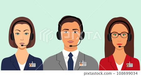 Women and man in a business suits, in headphones with microphones and name tag badges. Call center, webinar, video conference, video call. Vector illustration, flat style. 108699034