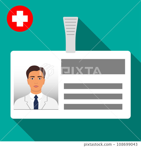 Doctor s name tag badge. Plastic horizontal badge with clasp. Medical worker s name card icon with shadow. Vector illustration in flat style. 108699043