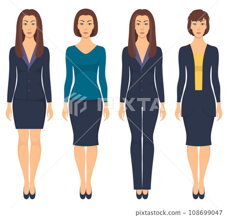 Beautiful young woman standing in full growth in different formal clothes. Woman in elegant and casual clothes. Basic wardrobe. Vector illustration, isolated. 108699047