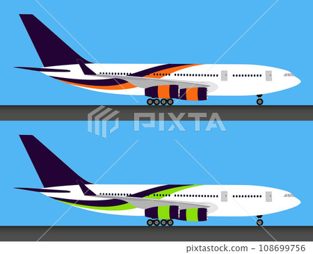 Two light big passenger airplanes standing on ground in profile, isolated, set. 108699756