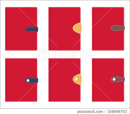 Collection of stylish leather diaries covers, stitched with white thread, with stylish buckles. Vector illustration in flat style, isolated on white background. Collection of stylish leather diaries covers, stitched with white thread, with stylish buckles. Vector illustration in flat style, isolated on white background. 108699783
