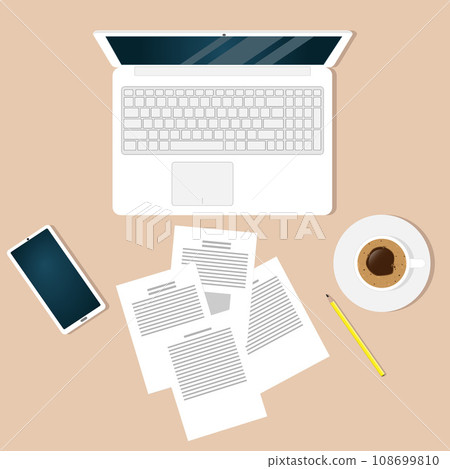 Modern workplace office worker, freelancer, businessman, top view. Laptop, documents, pencil, calculator, smartphone, cup of coffee. Modern workplace office worker, freelancer, businessman, top view. Laptop, documents, pencil, calculator, smartphone, cup of coffee. 108699810