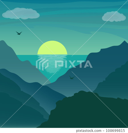 Sunrise under the sea in mountains. Beautiful landscape in flat style. Mountaineering and traveling vector illustration. Vacation and outdoor recreation concept. 108699815