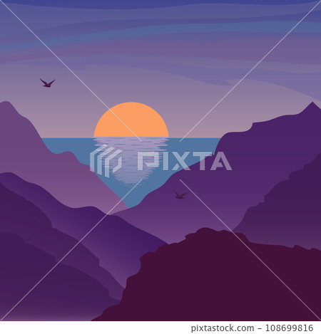 Sunrise under the sea in mountains. Beautiful landscape in flat style. Mountaineering and traveling vector illustration. Vacation and outdoor recreation concept. 108699816