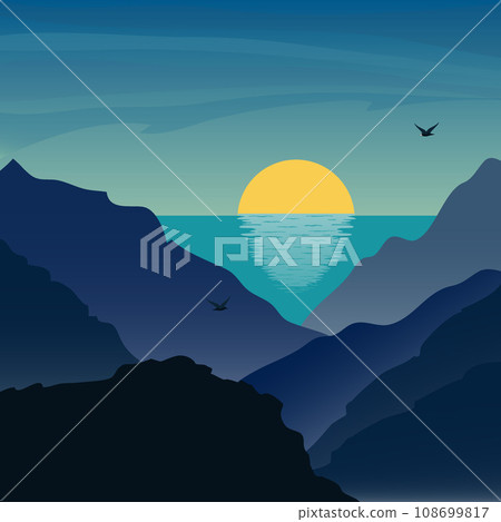 Sunrise under the sea in mountains. Beautiful landscape in flat style. Mountaineering and traveling vector illustration. Vacation and outdoor recreation concept. 108699817