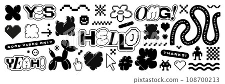 Bubble and pixel Y2k retro sticker pack. Balloon abstract shapes and 8bit icons in trendy retro style. Hello omg yeah. Cartoon graffiti tattoo vector illustration isolated on white background. 108700213