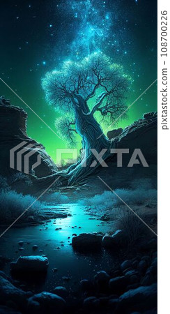 Big tree glowing colorful from night sky and star background Created with Generative AI technology. 108700226