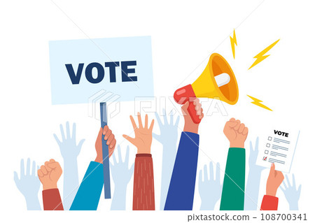 Go vote demonstration. Isolated up hands holding together. Election campaign. Hands holding vote signs, crowd of people. Vector illustration. 108700341