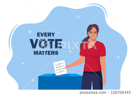 Smiling young woman putting vote paper into Election Box for General Regional or Presidential Election. Vector Illustration. 108700345