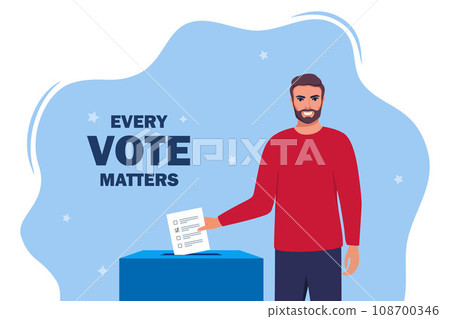 Smiling Young Man Putting Vote Paper into Election Box for General Regional or Presidential Election. Vector Illustration. 108700346