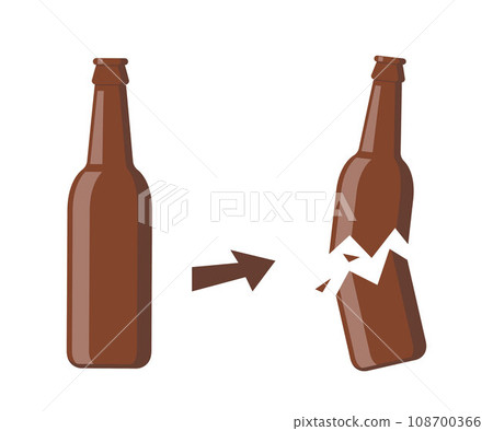 Beer bottle, whole and broken. Bottle broken into two halves. Broken, cracked glass bottle. Vector illustration. Beer bottle, whole and broken. Bottle broken into two halves. Broken, cracked glass bottle. Vector illustration. 108700366