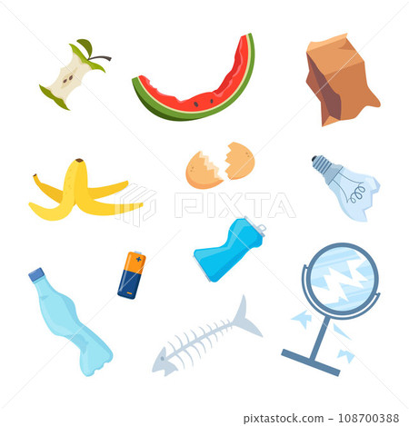 Organic, glass, plastic, paper waste, food compost collection isolated on white background. Banana and watermelon rind, fish bone and apple stump, plastic bottle. Vector illustration. 108700388