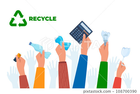 Raised hands with various trash. Garbage sorting. Zero waste, environment protection concept. Vector illustration. 108700390