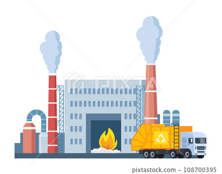 Incineration plant and garbage truck. Waste factory. Trash transportation and recycling. Rubbish disposal. Smoke pipes. Nature pollution. Industrial production building. Vector illustration. 108700395