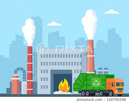 Incineration plant and garbage truck. Waste factory. Trash transportation and recycling. Rubbish disposal. Smoke pipes. Nature pollution. Industrial production building. Vector illustration. 108700396