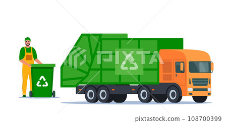 Garbage truck and sanitation worker. Garbage man in uniform with trash bin and recycling symbol on it. Garbage sorting. Zero waste, environment protection concept. Vector illustration. Garbage truck and sanitation worker. Garbage man in uniform with trash bin and recycling symbol on it. Garbage sorting. Zero waste, environment protection concept. Vector illustration. 108700399