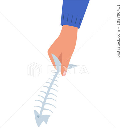 Hand holding fish bone. Hand throws fish bone into trash can. Organic waste. Trash sorting, recycling. Vector illustration. 108700411