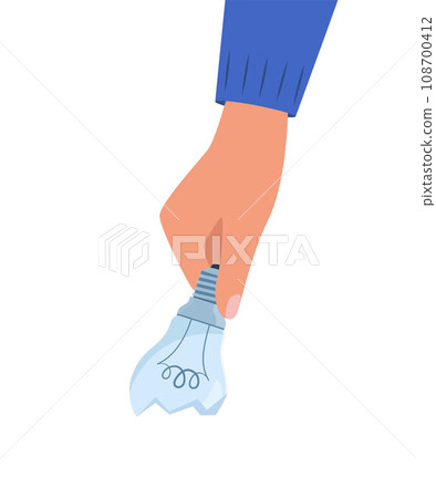 Hand holding broken bulb. Hand throws broken bulb into trash can. Glass waste. Trash sorting, recycling. Vector illustration. 108700412
