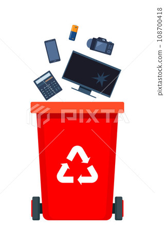 Garbage sorting set. Red Bin with recycling symbol for e-waste. Vector illustration for zero waste, environment protection concept. 108700418