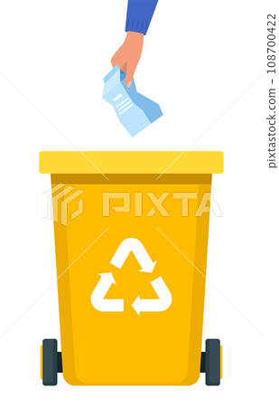 Hand throws Paper Package into the yellow Bin with recycling symbol for organic waste. Garbage sorting. Vector illustration for zero waste, environment protection concept. 108700422