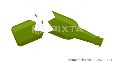 Broken beer bottle. Bottle broken into two halves. Broken, cracked glass bottle. Glass trash. Garbage recycle concept. Vector illustration. 108700444