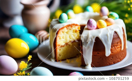 Easter egg and cake on table background. Happy Easter backdrop for spring holiday. Easter egg and cake on table background. Happy Easter backdrop for spring holiday. 108701259