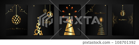 Merry Christmas gold collection, black set template, holiday tree and xmas elements, stars e baubbles. Golden luxury frames ideal for greeting card, poster or web design, vertical black background  Merry Christmas gold collection, black set template, holiday tree and xmas elements, stars e baubbles. Golden luxury frames ideal for greeting card, poster or web design, vertical black background  108701392