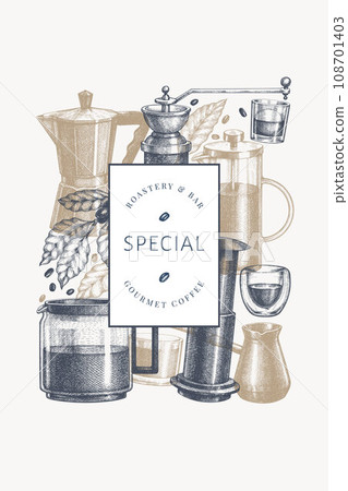 Alternative Coffee Makers Illustration. Vector Hand Drawn Specialty Coffee Equipment Banner. Vintage Style Coffee Bar Design Alternative Coffee Makers Illustration. Vector Hand Drawn Specialty Coffee Equipment Banner. Vintage Style Coffee Bar Design 108701403
