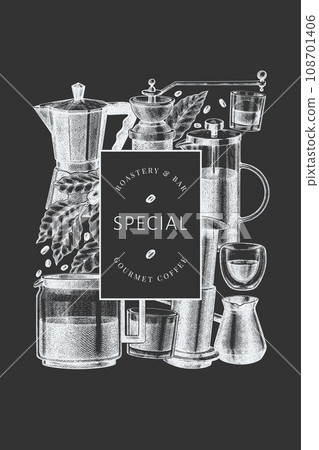 Alternative Coffee Makers Chalk Board Illustration. Vector Hand Drawn Specialty Coffee Equipment Banner. Vintage Style Coffee Bar Design 108701406