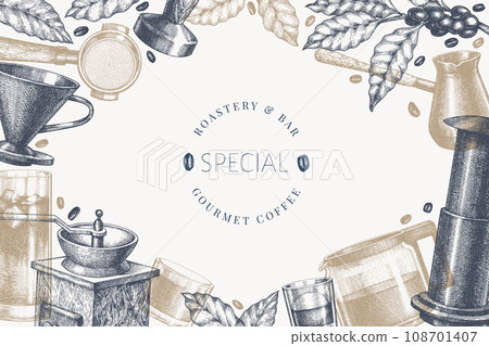 Alternative Coffee Makers Illustration. Vector Hand Drawn Specialty Coffee Equipment Banner. Vintage Style Coffee Bar Design 108701407