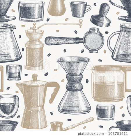 Alternative Coffee Makers Seamless Pattern. Vector Hand Drawn Specialty Coffee Equipment Background. Vintage Style Coffee Bar Design Alternative Coffee Makers Seamless Pattern. Vector Hand Drawn Specialty Coffee Equipment Background. Vintage Style Coffee Bar Design 108701411