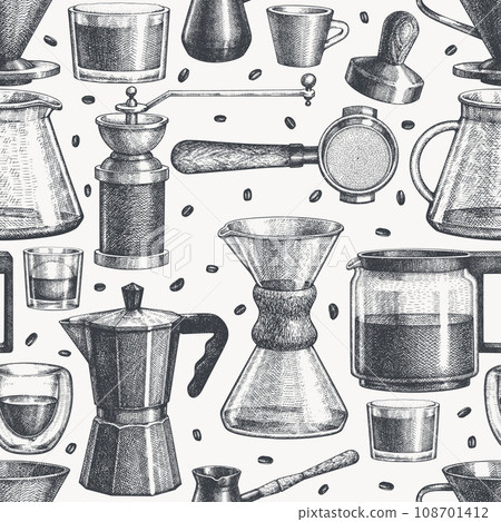 Alternative Coffee Makers Seamless Pattern. Vector Hand Drawn Specialty Coffee Equipment Background. Vintage Style Coffee Bar Design Alternative Coffee Makers Seamless Pattern. Vector Hand Drawn Specialty Coffee Equipment Background. Vintage Style Coffee Bar Design 108701412