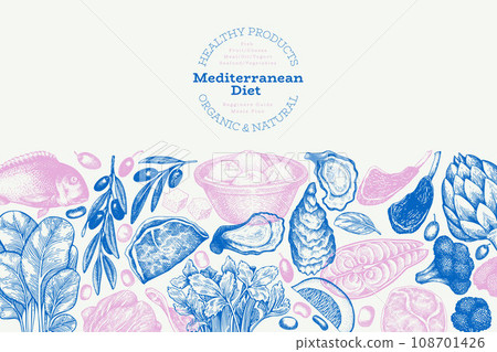 Mediterranean Cuisine Design Template. Vector Hand Drawn Healthy Food Banner. Vintage Style Menu Illustration. Mediterranean Cuisine Design Template. Vector Hand Drawn Healthy Food Banner. Vintage Style Menu Illustration. 108701426