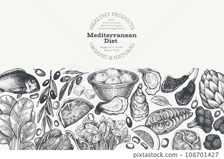Mediterranean Cuisine Design Template. Vector Hand Drawn Healthy Food Banner. Vintage Style Menu Illustration. 108701427