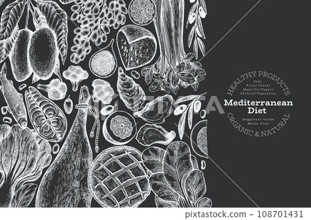 Mediterranean Cuisine Design Template. Vector Hand Drawn Healthy Food Banner. Vintage Style Menu Chalk Board Illustration. Mediterranean Cuisine Design Template. Vector Hand Drawn Healthy Food Banner. Vintage Style Menu Chalk Board Illustration. 108701431