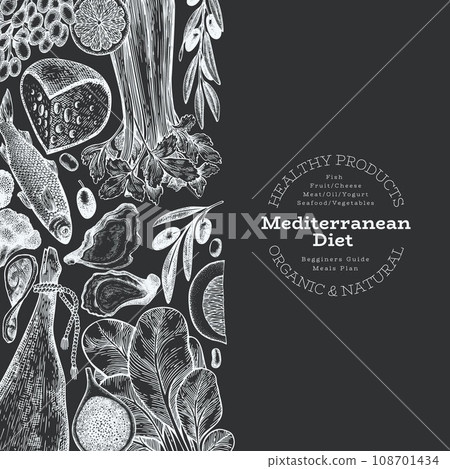 Mediterranean Cuisine Design Template. Vector Hand Drawn Healthy Food Banner. Vintage Style Menu Chalk Board Illustration. Mediterranean Cuisine Design Template. Vector Hand Drawn Healthy Food Banner. Vintage Style Menu Chalk Board Illustration. 108701434