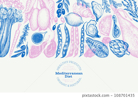 Mediterranean Cuisine Design Template. Vector Hand Drawn Healthy Food Banner. Vintage Style Menu Illustration. Mediterranean Cuisine Design Template. Vector Hand Drawn Healthy Food Banner. Vintage Style Menu Illustration. 108701435