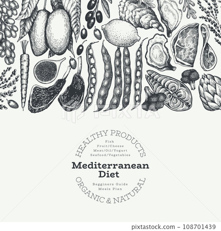 Mediterranean Cuisine Design Template. Vector Hand Drawn Healthy Food Banner. Vintage Style Menu Illustration. 108701439