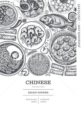 Chinese Cuisine Design Template. Vector Hand Drawn Asian Food Banner. Vintage Style Menu Illustration. Chinese Cuisine Design Template. Vector Hand Drawn Asian Food Banner. Vintage Style Menu Illustration. 108701445