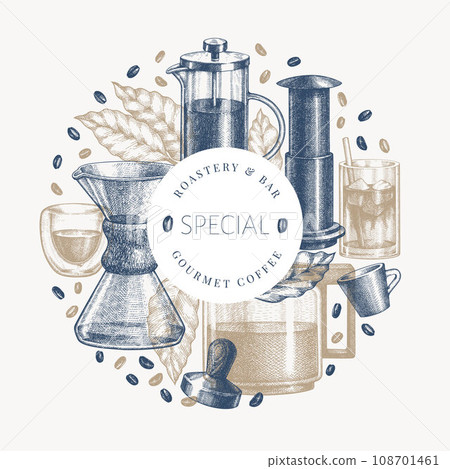 Alternative Coffee Makers Illustration. Vector Hand Drawn Specialty Coffee Equipment Banner. Vintage Style Coffee Bar Design 108701461