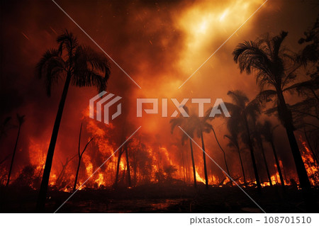 Fire and storm in rainy forest at night 108701510