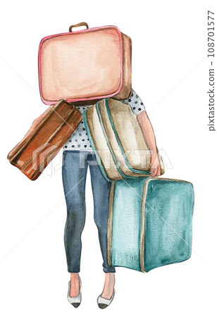 Watercolor fashion travelling young woman and travelling cases. Fashionable women. Stylish sketch. Fashion illustration. Perfect for greetings cards, invitation, poster, party decoration. Watercolor fashion travelling young woman and travelling cases. Fashionable women. Stylish sketch. Fashion illustration. Perfect for greetings cards, invitation, poster, party decoration. 108701577