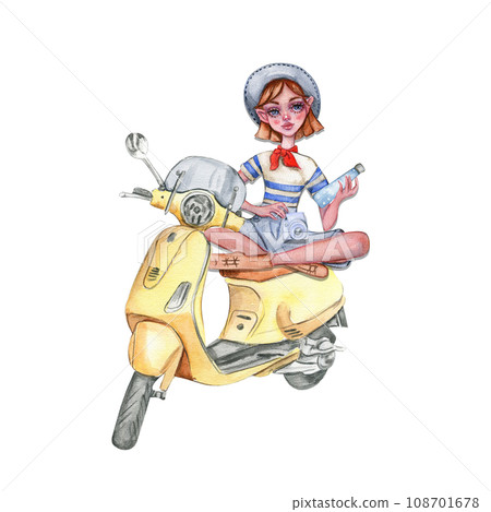 Composition of a small girl sitting on a scooter. Fashionable child. Stylish sketch. Fashion illustration. Design for baby shower party, birthday, cake, holiday celebration design, posters, greetings  108701678
