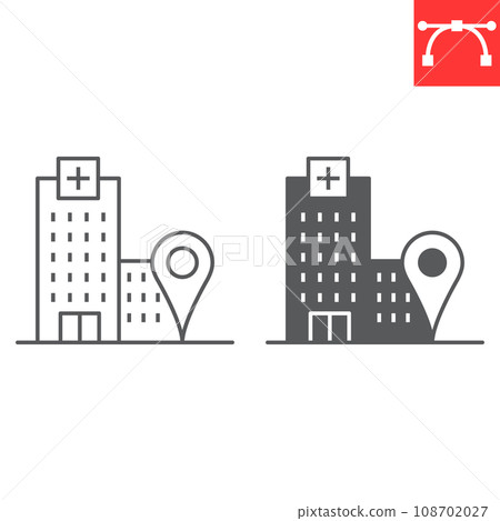 Hospital location line and glyph icon, navigation and map, hospital building with pin vector icon, vector graphics, editable stroke outline sign, eps 10. 108702027