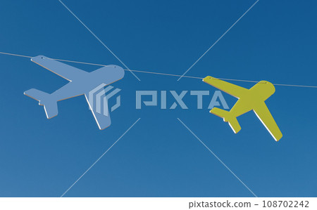 Air planes hanging on string in blue clear sky. Airplanes decoration Air planes hanging on string in blue clear sky. Airplanes decoration 108702242