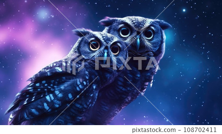 Two owls against a purple and indigo sky and a background of space, stars and galaxy. Blue-violet colors. Beautiful wallpaper. Long-eared eagle owls. Fantastic illustration. Fantasy realism. 108702411