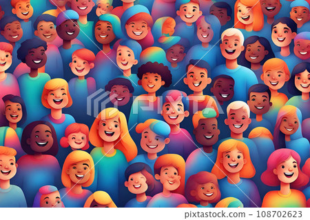 Group of happy multiethnic people in a crowd. Generative AI. 108702623