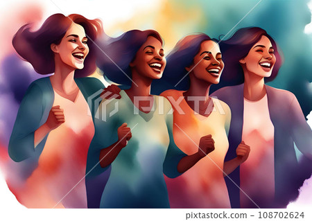 Group of happy young women laughing and dancing together. Generative AI Group of happy young women laughing and dancing together. Generative AI 108702624